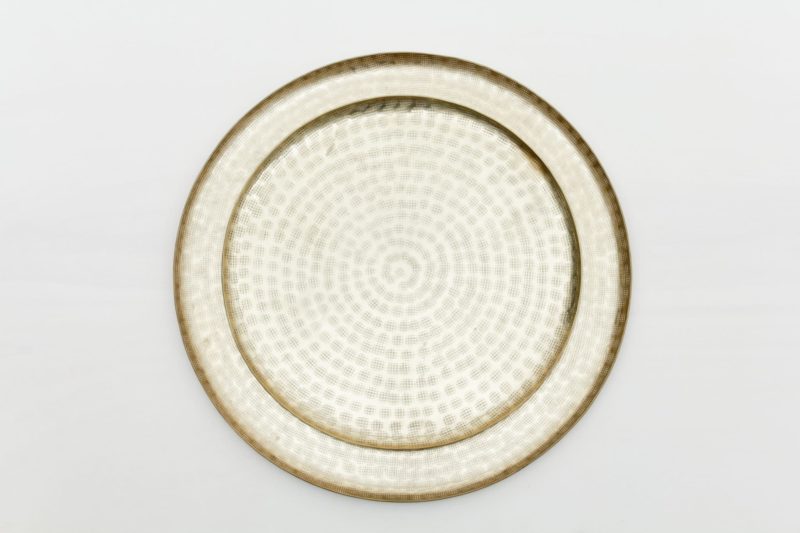 large golden round tray, table center piece