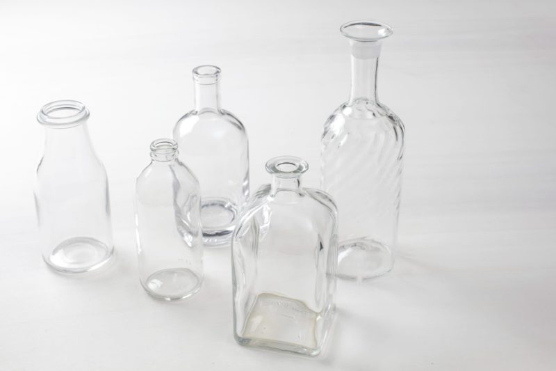 Glass bottles, glass vases, preserving jars and wedding decoration for hire